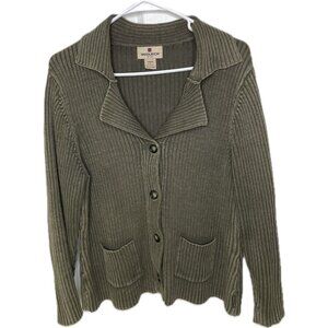 Woolrich Button Cardigan Sweater Women’s Green Ribbed Knit Notch Collared L P